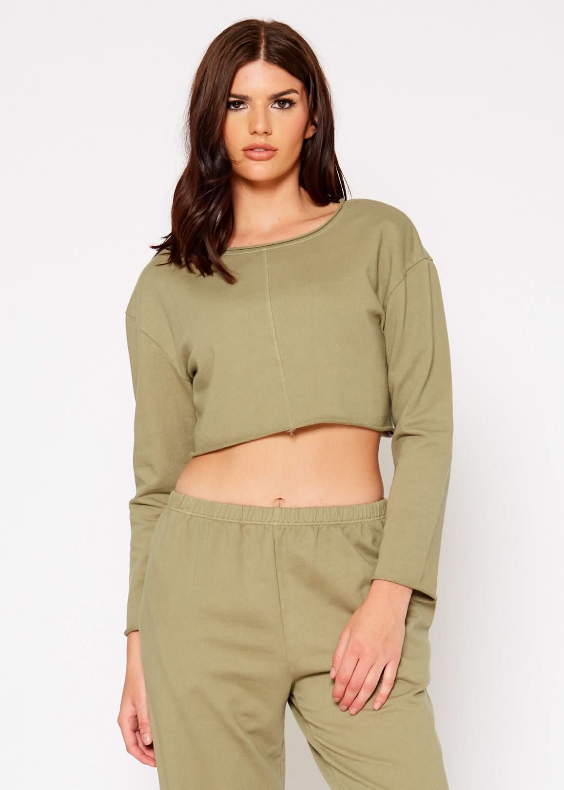 Cropped Scoop Neck Terry Sweatshirt In Olive - Wear and Wander