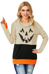 Cute Black Cowl Neck Pumpkin Print Color Block Halloween Sweatshirt - Wear and Wander