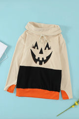 Cute Black Cowl Neck Pumpkin Print Color Block Halloween Sweatshirt - Wear and Wander