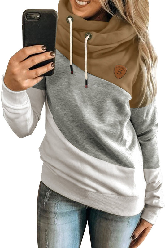 Multicolor Colorblock Cowl Neck Pullover Hoodie