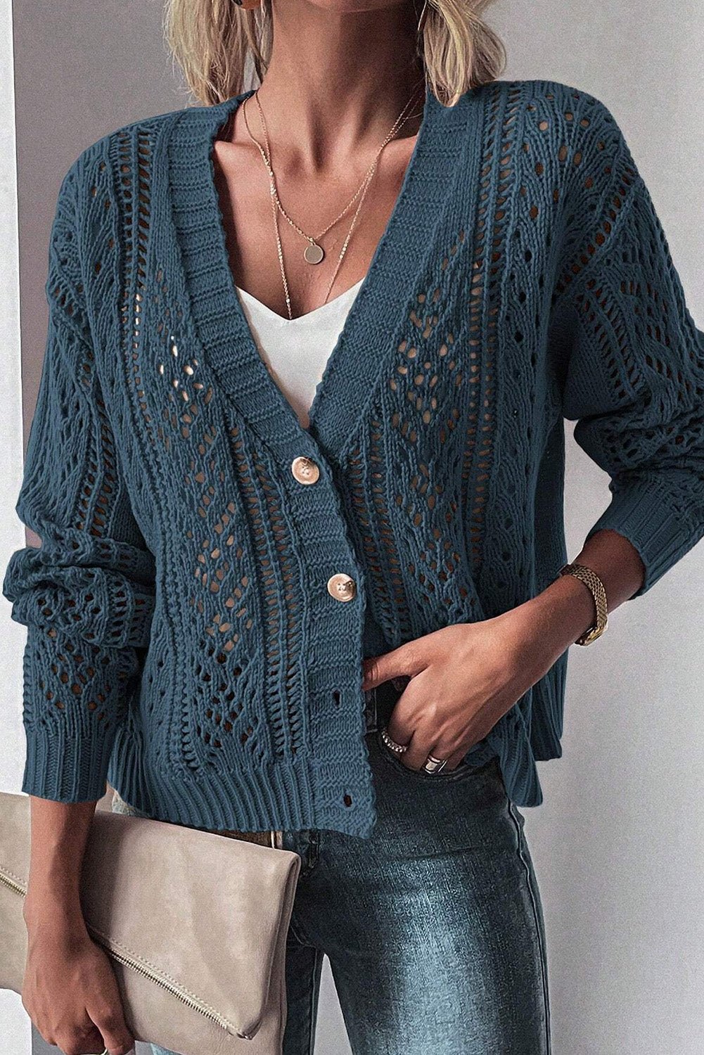 Dark Khaki Open Knit Drop Shoulder Sweater Cardigan - Wear and Wander