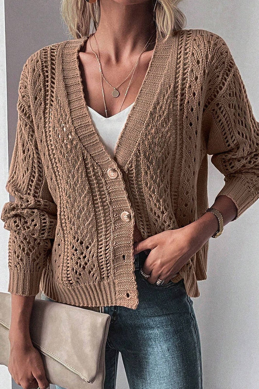 Dark Khaki Open Knit Drop Shoulder Sweater Cardigan - Wear and Wander