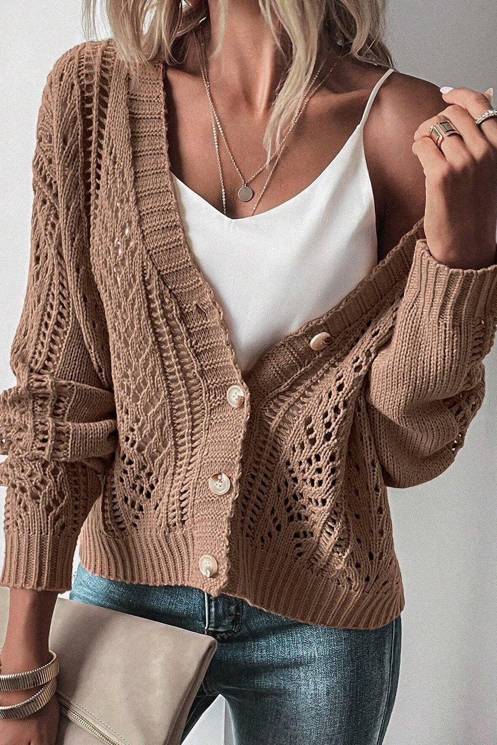 Dark Khaki Open Knit Drop Shoulder Sweater Cardigan - Wear and Wander