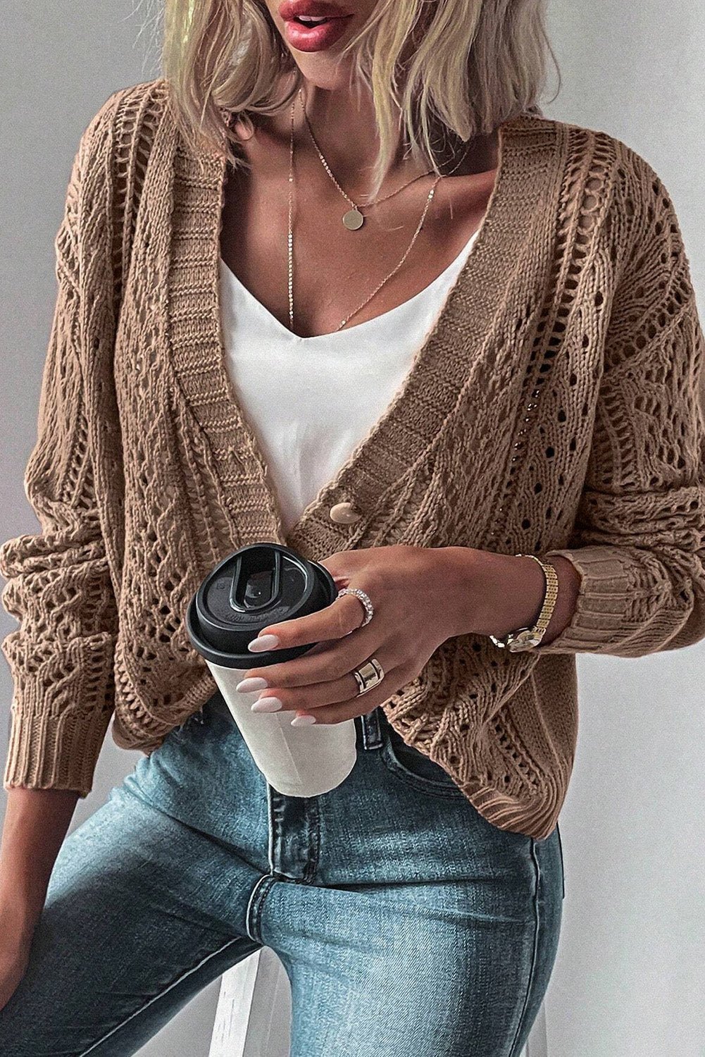 Dark Khaki Open Knit Drop Shoulder Sweater Cardigan - Wear and Wander