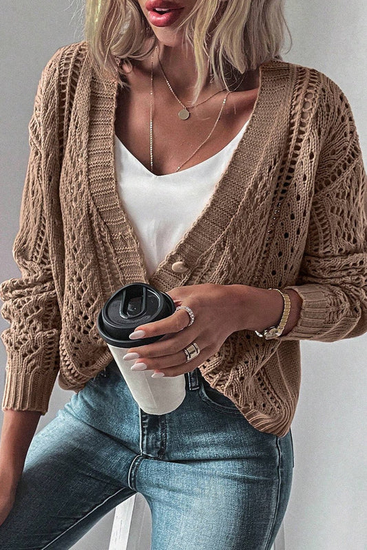 Dark Khaki Open Knit Drop Shoulder Sweater Cardigan - Wear and Wander