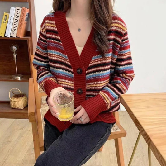 Womens Button Down Striped Cardigan