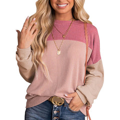 Womens Color Block Long Sleeve Crewneck Knitted Casual Pullover Tops