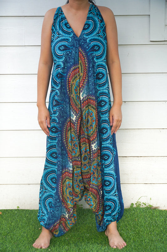 Teal Mandala Boho Hippie Jumpsuit Rompers