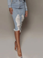 Distressed Slit Denim Skirt - Wear and Wander