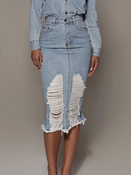 Distressed Slit Denim Skirt - Wear and Wander