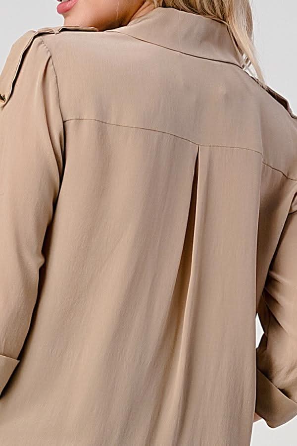 Double - Breasted Button - Up Blouse with Rolled Sleeves - Wear and Wander