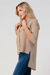 Double - Breasted Button - Up Blouse with Rolled Sleeves - Wear and Wander
