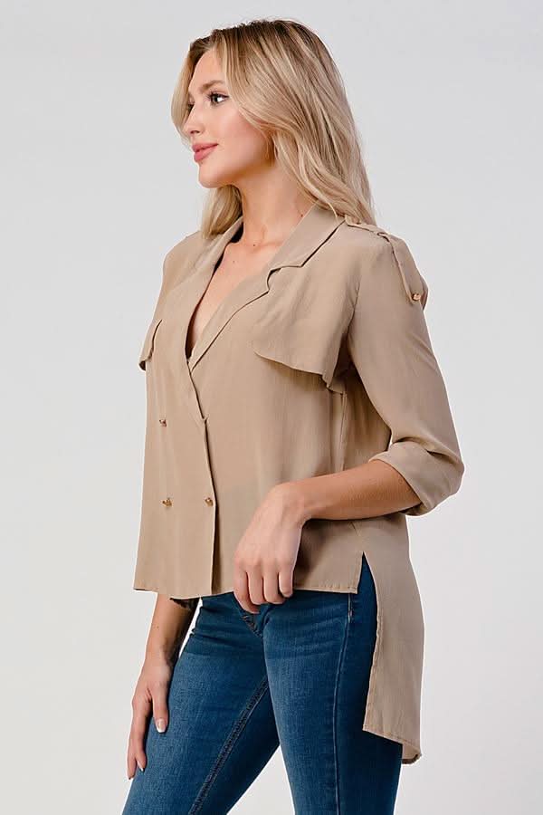 Double - Breasted Button - Up Blouse with Rolled Sleeves - Wear and Wander