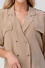 Double - Breasted Button - Up Blouse with Rolled Sleeves - Wear and Wander