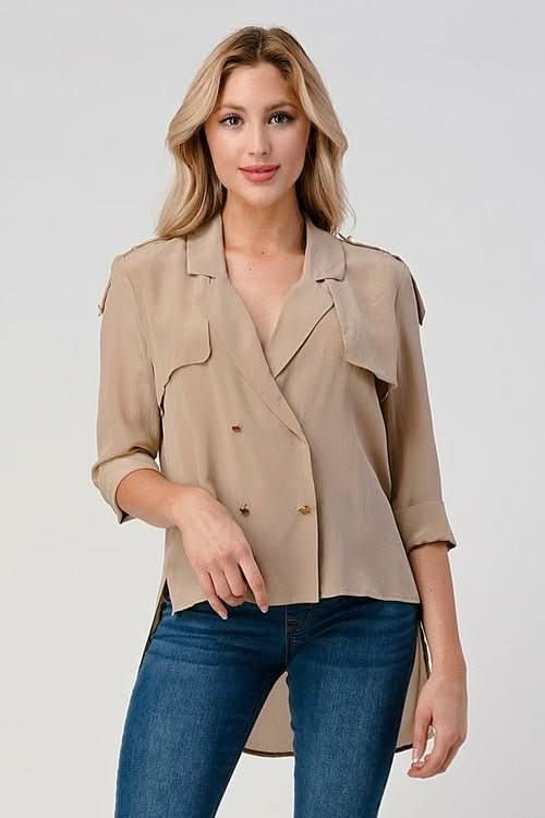 Double - Breasted Button - Up Blouse with Rolled Sleeves - Wear and Wander