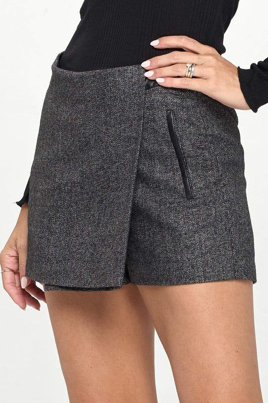 Asymmetrical Wrap Mini Skort with Faux Leather Trim