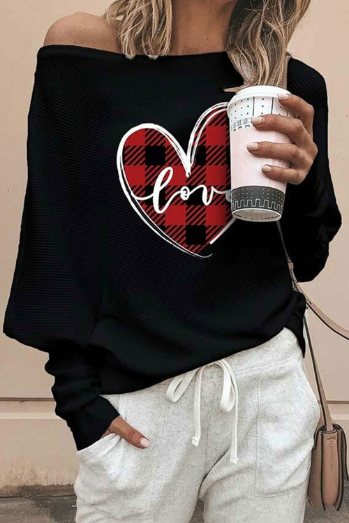 Valentine Love Heart Plaid Printed Splicing Bat Sleeve Top