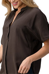 Effortless Dark Grey Oversized Button - Up Blouse for Women - Wear and Wander