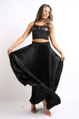 Elastic High Waist A - Line Pleated Satin Maxi Skirt BLACK - Wear and Wander