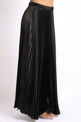 Elastic High Waist A - Line Pleated Satin Maxi Skirt BLACK - Wear and Wander