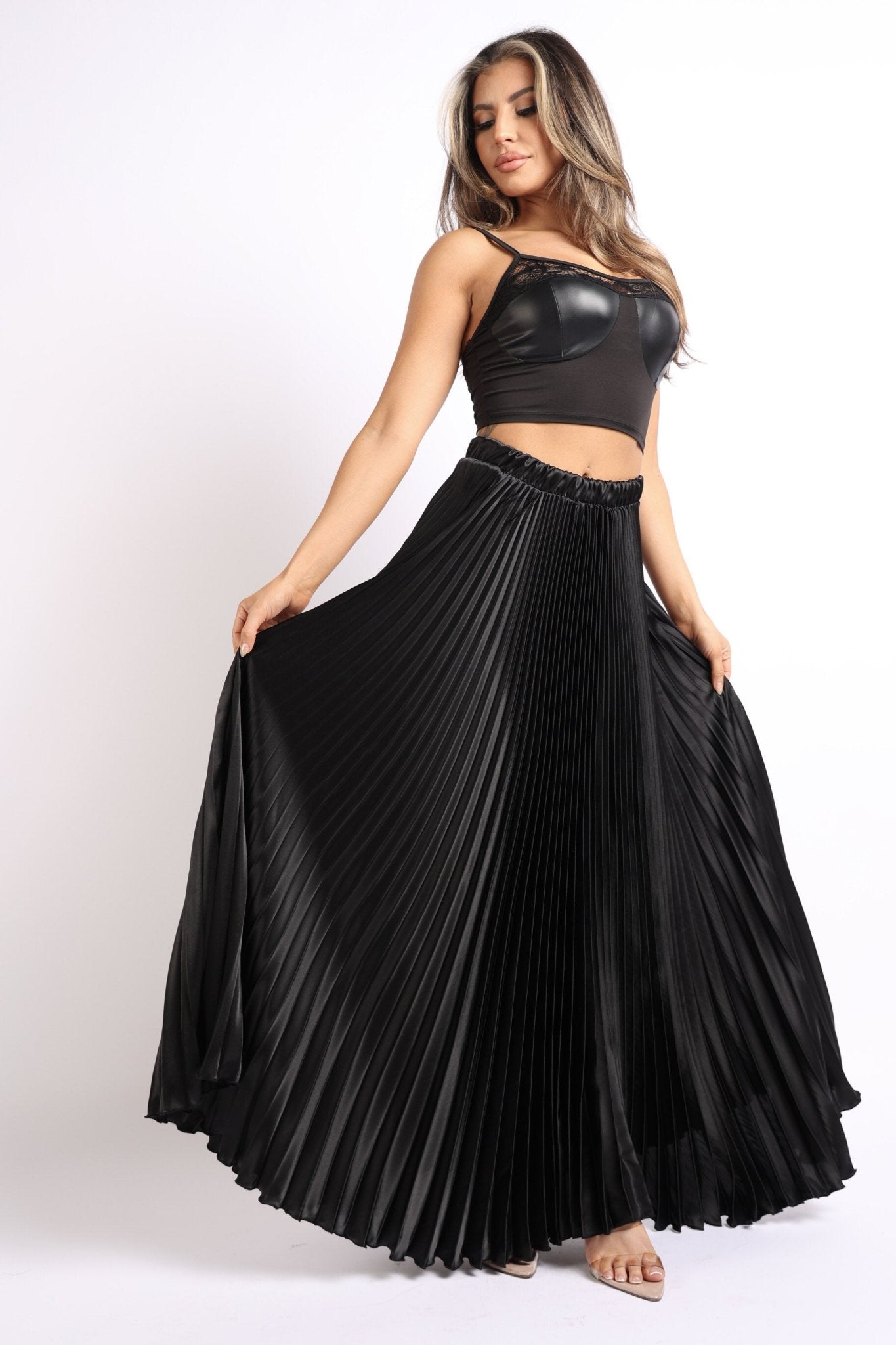 Elastic High Waist A - Line Pleated Satin Maxi Skirt BLACK - Wear and Wander