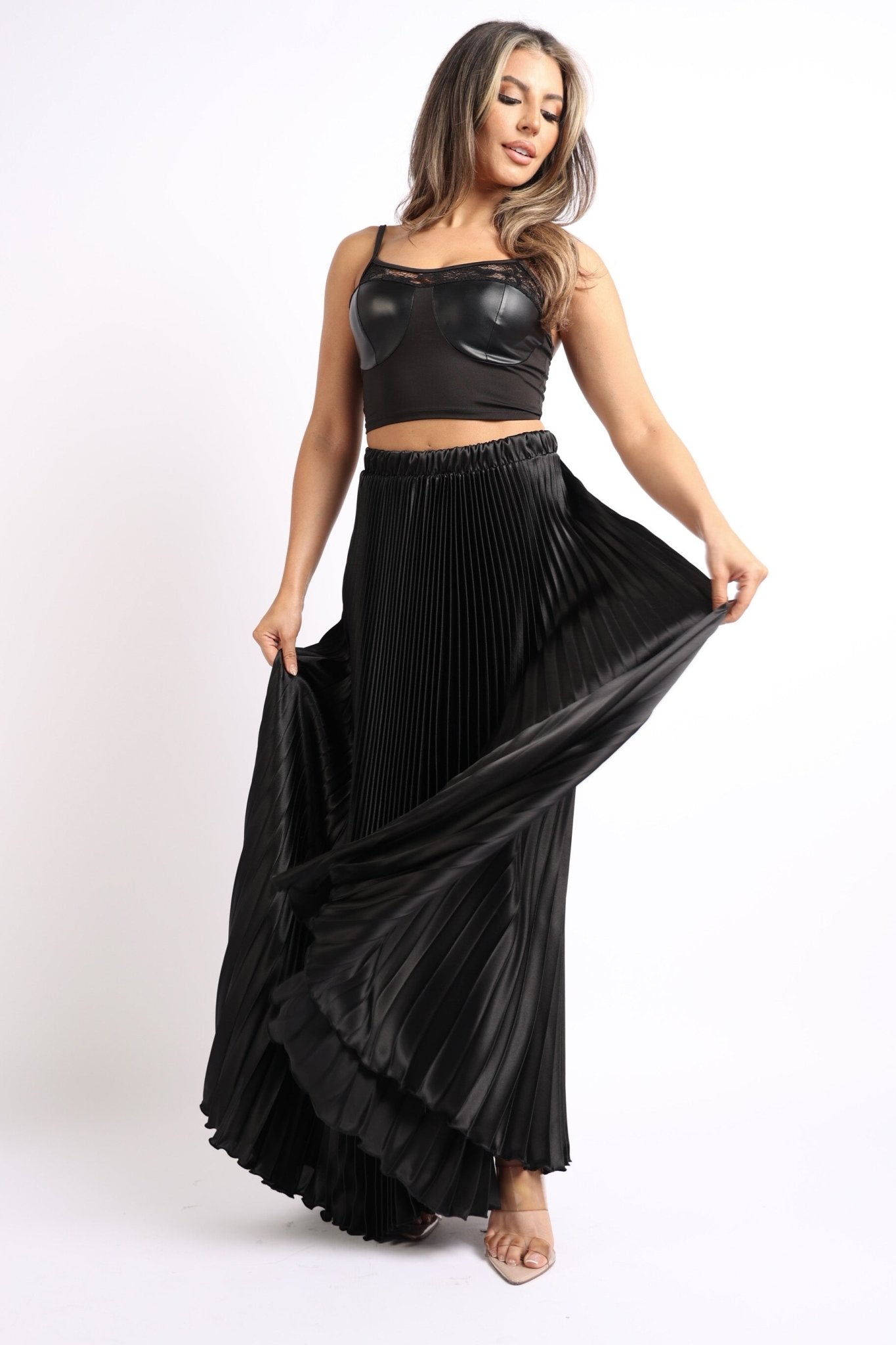 Elastic High Waist A - Line Pleated Satin Maxi Skirt BLACK - Wear and Wander