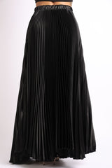 Elastic High Waist A - Line Pleated Satin Maxi Skirt BLACK - Wear and Wander