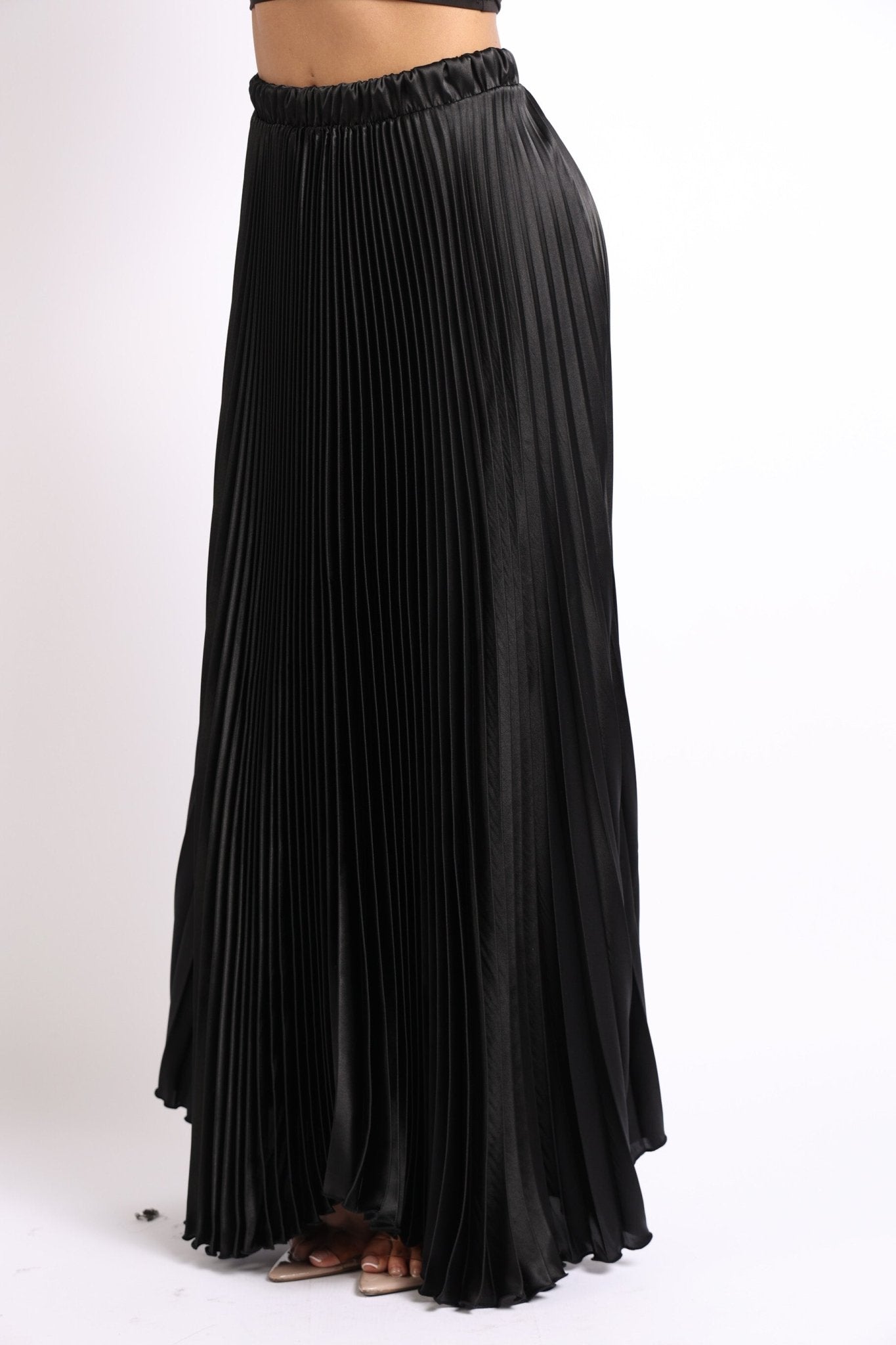 Elastic High Waist A - Line Pleated Satin Maxi Skirt BLACK - Wear and Wander