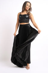 Elastic High Waist A - Line Pleated Satin Maxi Skirt Formal Prom BLACK - Wear and Wander