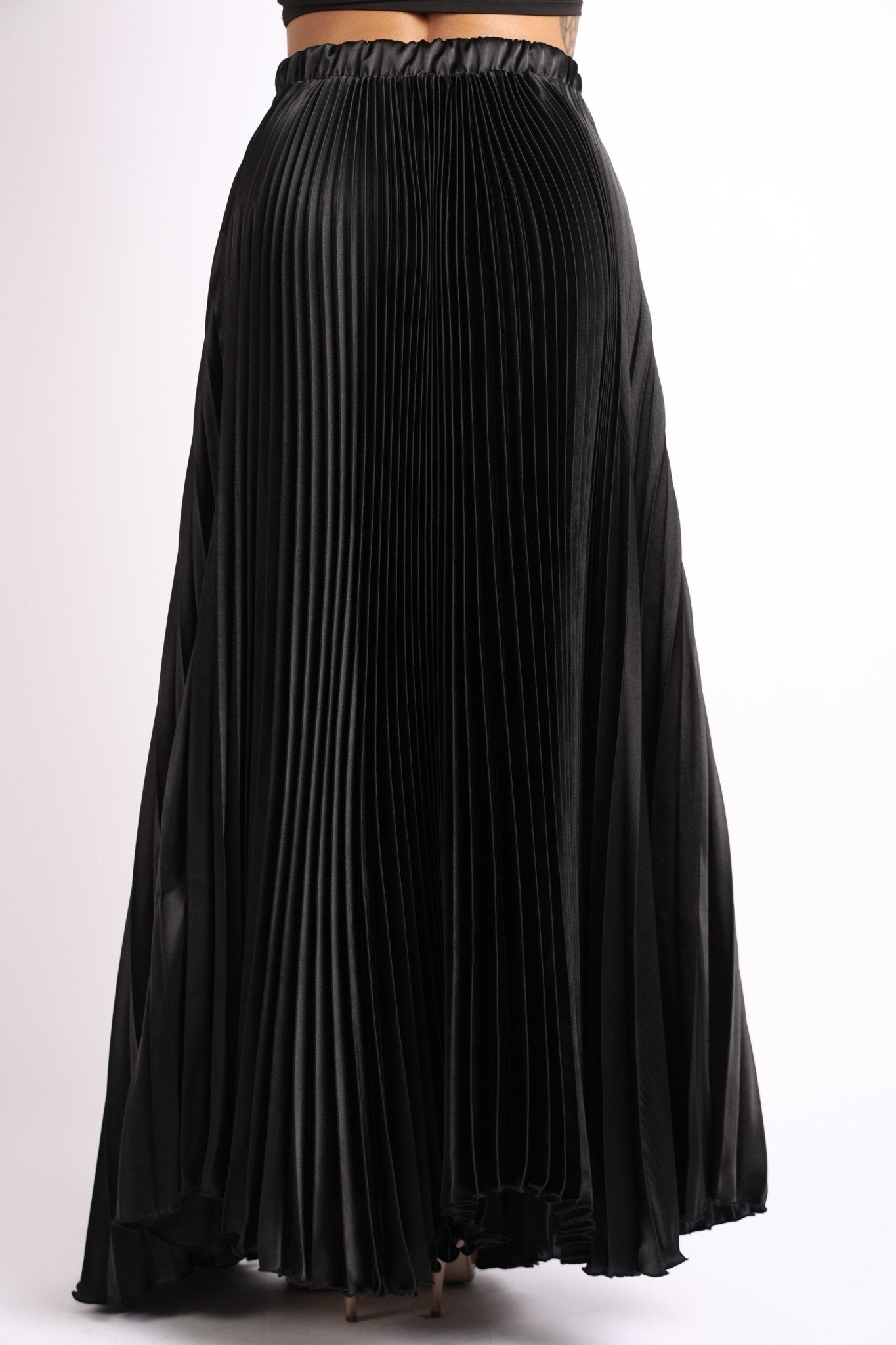 Elastic High Waist A - Line Pleated Satin Maxi Skirt Formal Prom BLACK - Wear and Wander