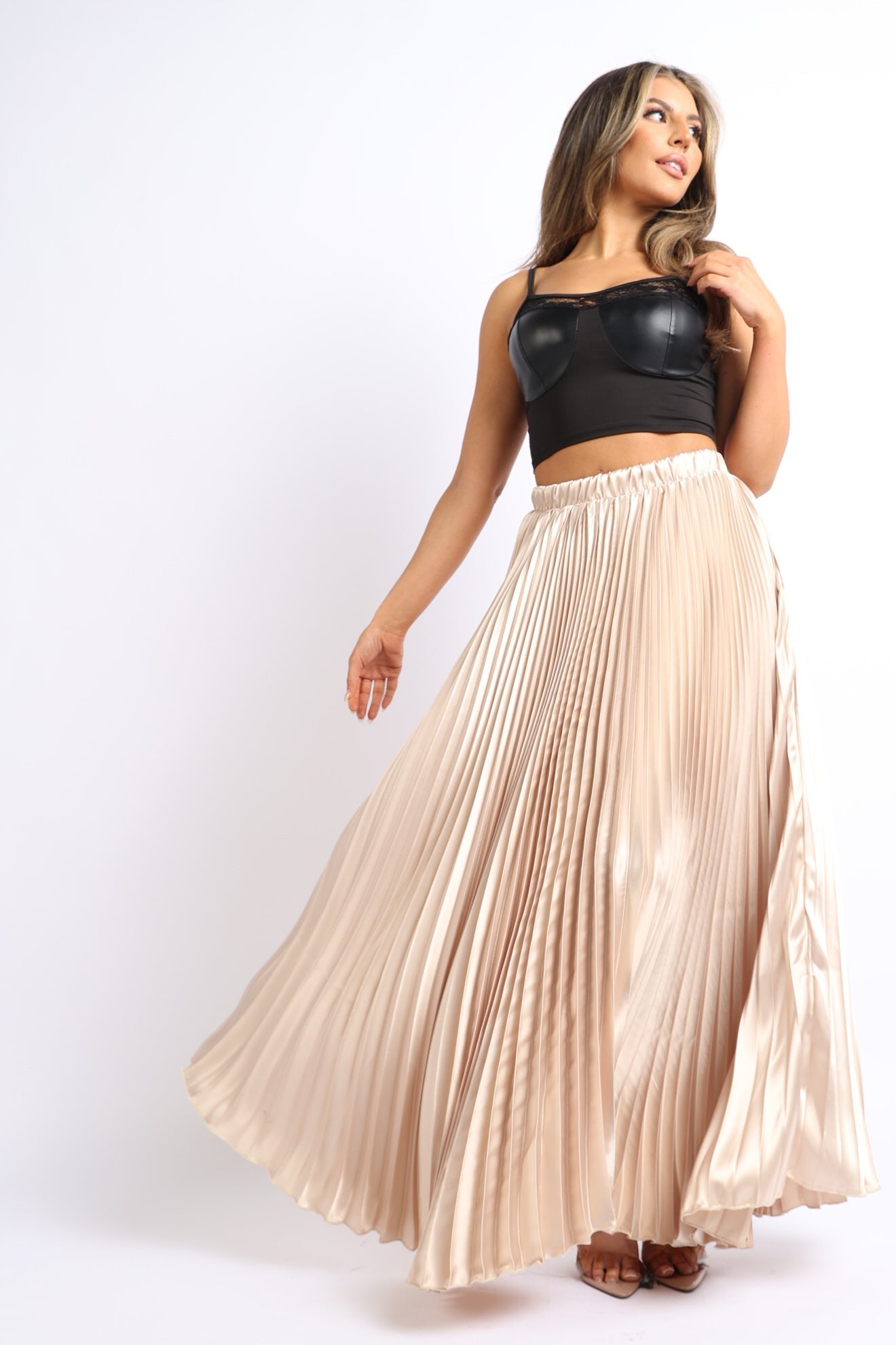 Elastic High Waist A - Line Pleated Satin Maxi Skirt Formal Prom TAUPE - Wear and Wander