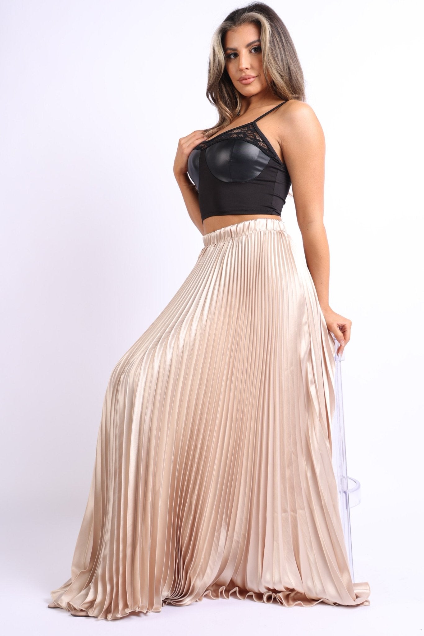 Elastic High Waist A - Line Pleated Satin Maxi Skirt Formal Prom TAUPE - Wear and Wander