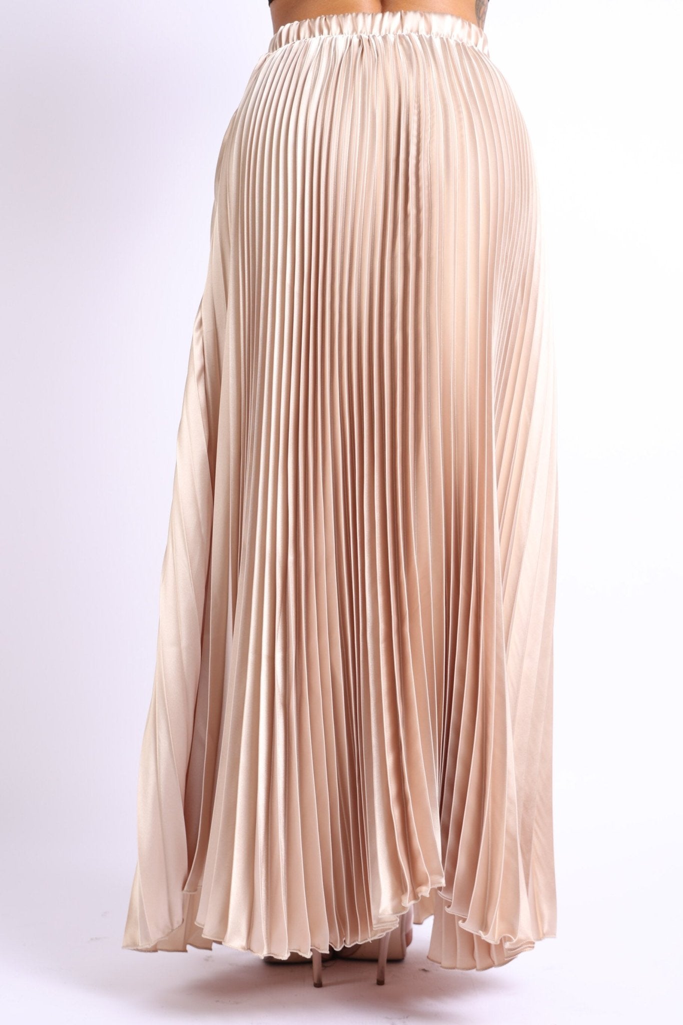 Elastic High Waist A - Line Pleated Satin Maxi Skirt Formal Prom TAUPE - Wear and Wander