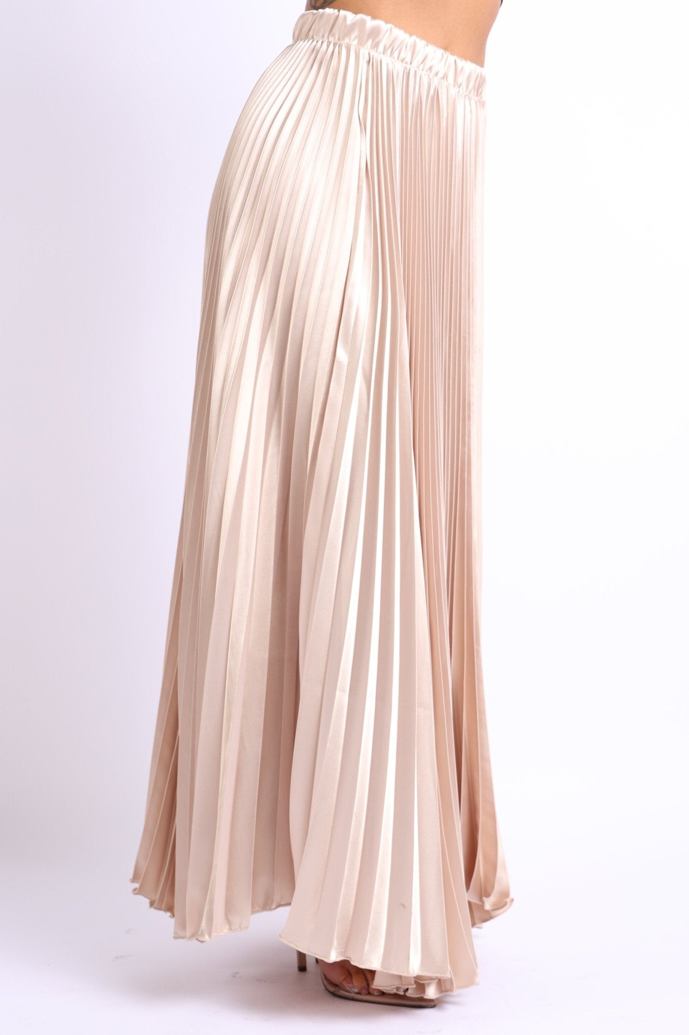 Elastic High Waist A - Line Pleated Satin Maxi Skirt Formal Prom TAUPE - Wear and Wander