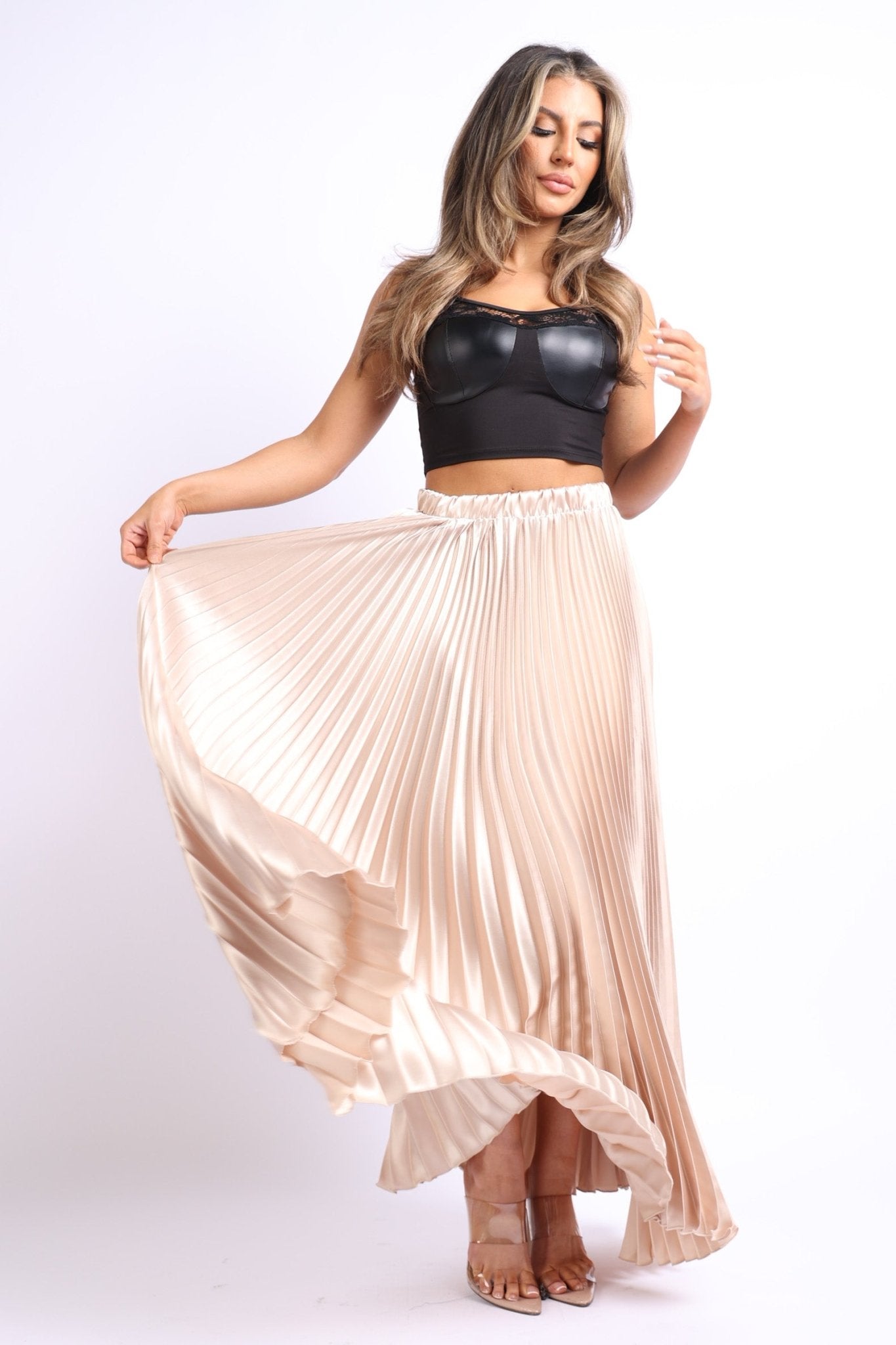 Elastic High Waist A - Line Pleated Satin Maxi Skirt Formal Prom TAUPE - Wear and Wander