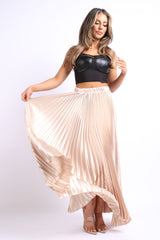 Elastic High Waist A - Line Pleated Satin Maxi Skirt TAUPE - Wear and Wander