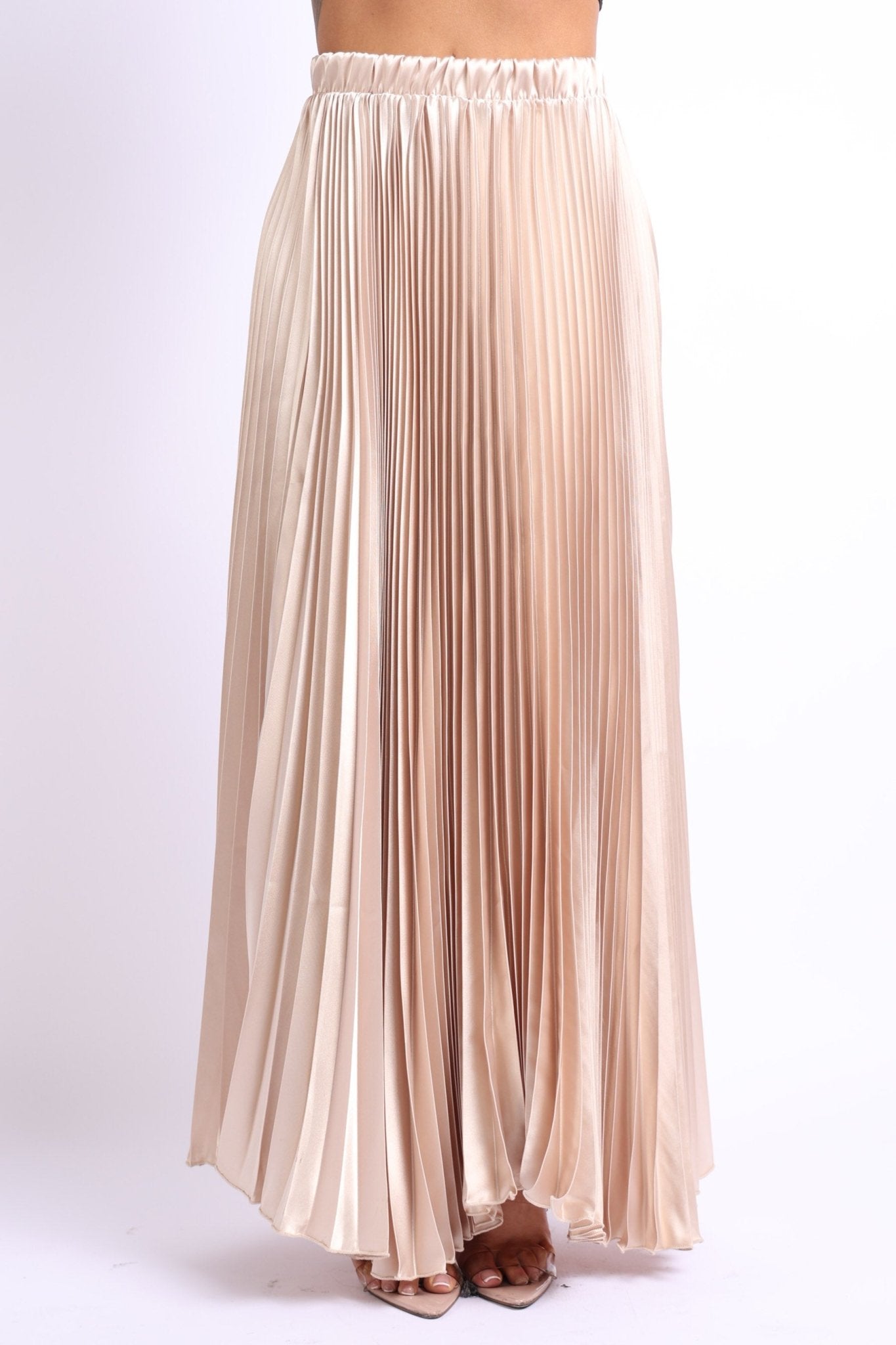 Elastic High Waist A - Line Pleated Satin Maxi Skirt TAUPE - Wear and Wander