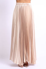 Elastic High Waist A - Line Pleated Satin Maxi Skirt TAUPE - Wear and Wander