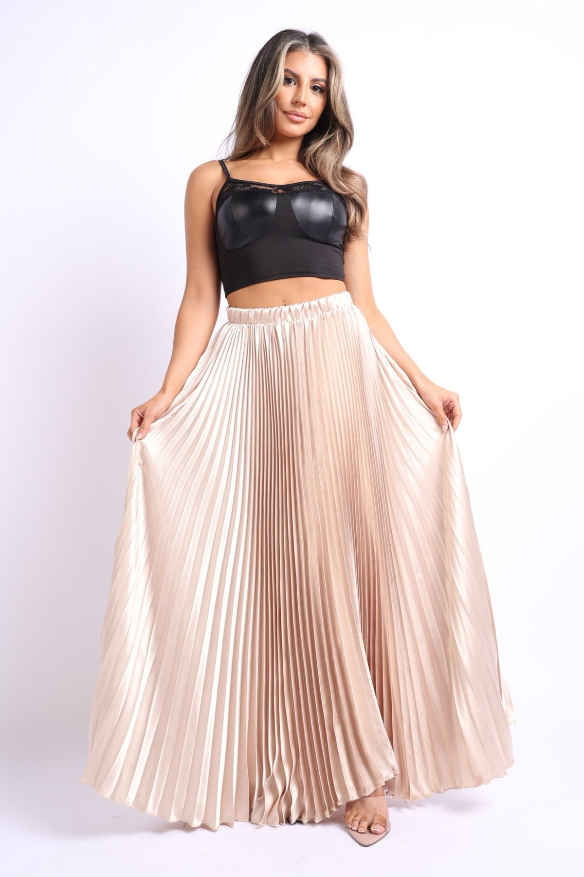 Elastic High Waist A - Line Pleated Satin Maxi Skirt TAUPE - Wear and Wander