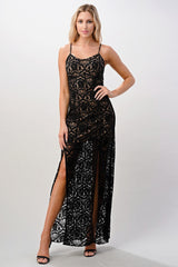 Elegant Black Lace Maxi Dress with Side Slit - Wear and Wander