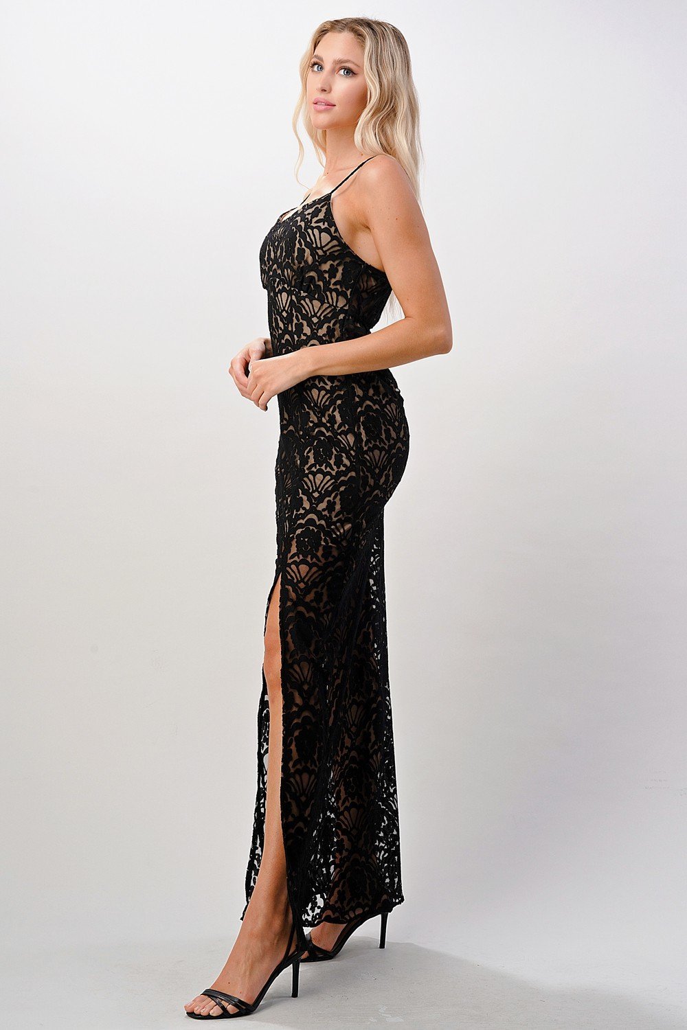 Elegant Black Lace Maxi Dress with Side Slit - Wear and Wander