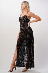 Elegant Black Lace Maxi Dress with Side Slit - Wear and Wander