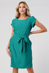 Elegant Cap - Sleeve Dress with Tie Waist - Wear and Wander