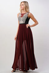 Elegant Sheer Maxi Dress with Lace Bodice and Flowing Skirt - Wear and Wander