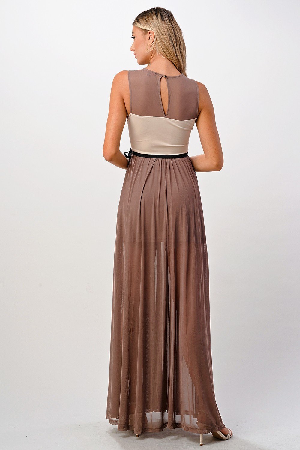 Elegant Sheer Maxi Dress with Lace Bodice and Flowing Skirt - Wear and Wander