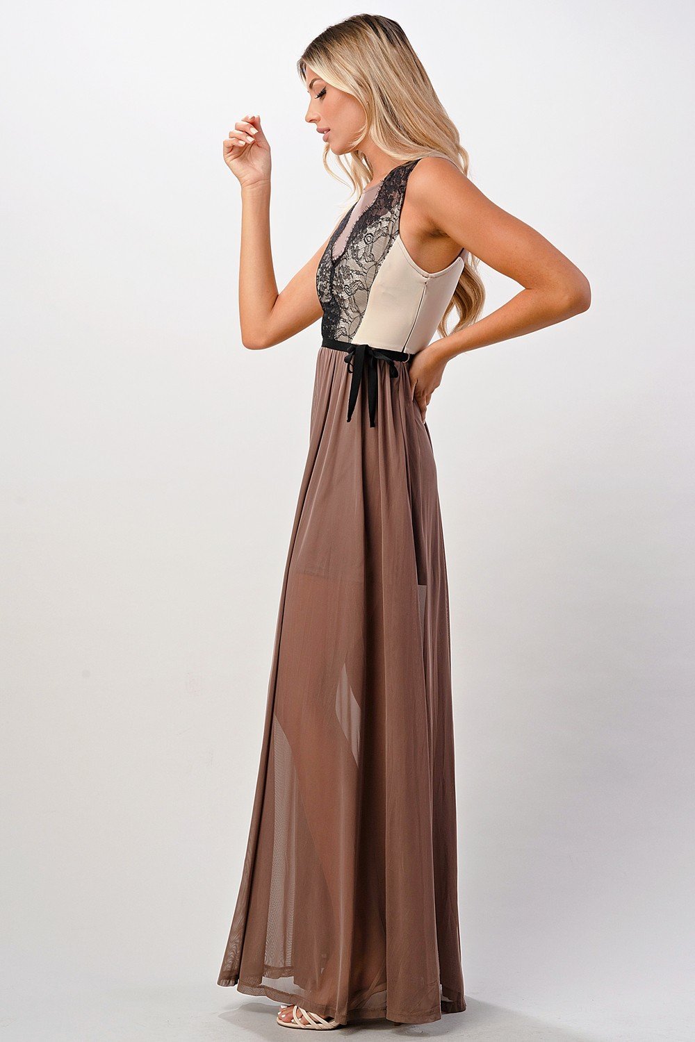 Elegant Sheer Maxi Dress with Lace Bodice and Flowing Skirt - Wear and Wander