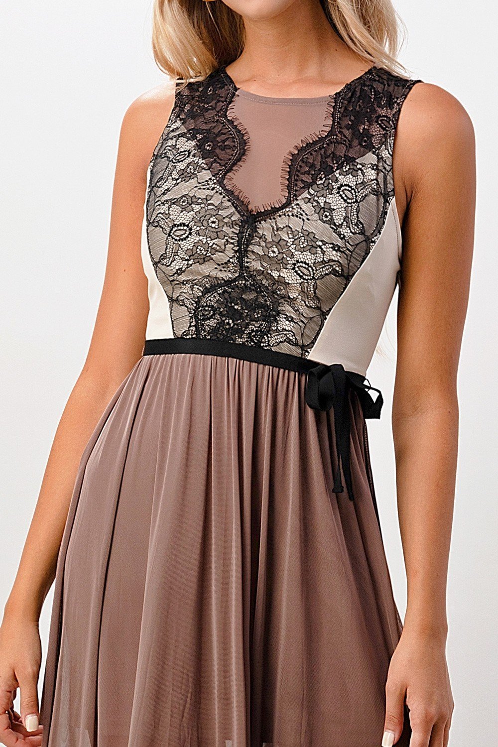 Elegant Sheer Maxi Dress with Lace Bodice and Flowing Skirt - Wear and Wander