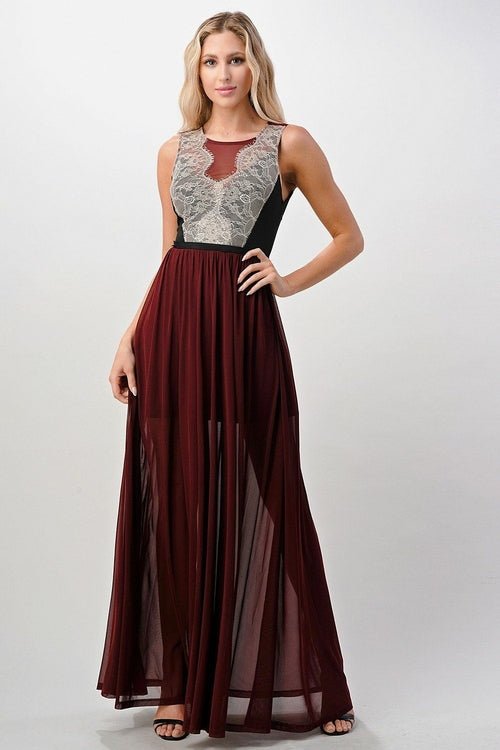 Elegant Sheer Maxi Dress with Lace Bodice and Flowing Skirt - Wear and Wander