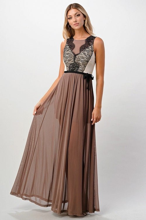 Elegant Sheer Maxi Dress with Lace Bodice and Flowing Skirt - Wear and Wander