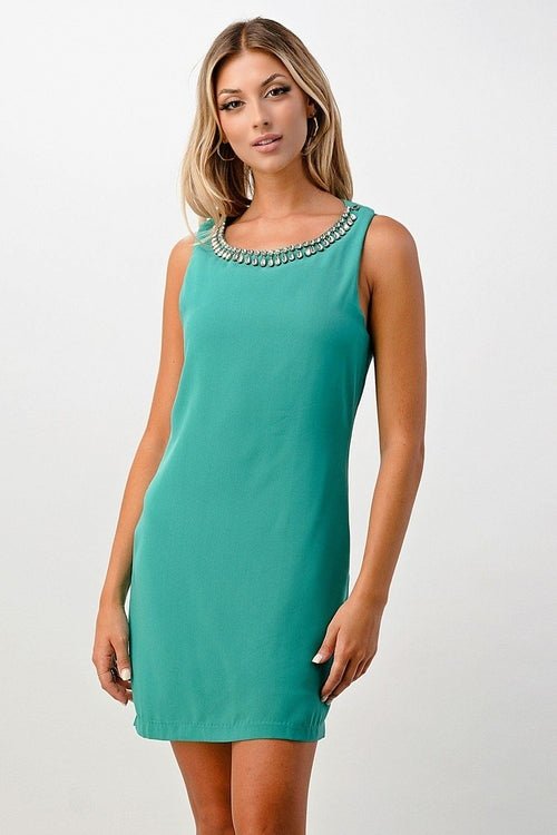 Embellished Neckline Sleeveless Shift Dress - Wear and Wander